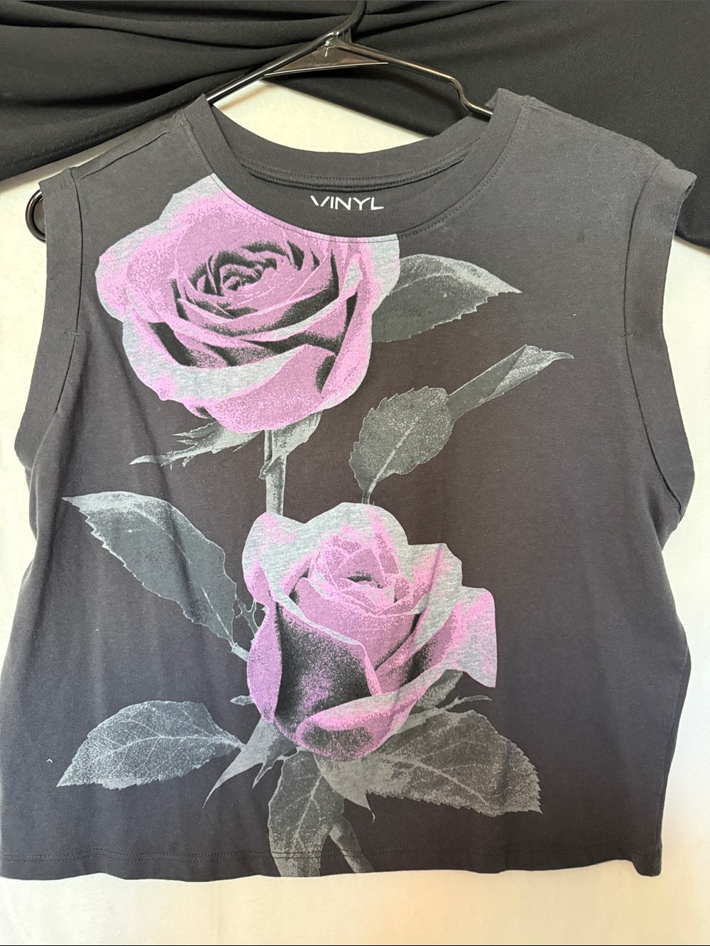 VINYL Sleeveless Black Tee with Pink Rose Graphic